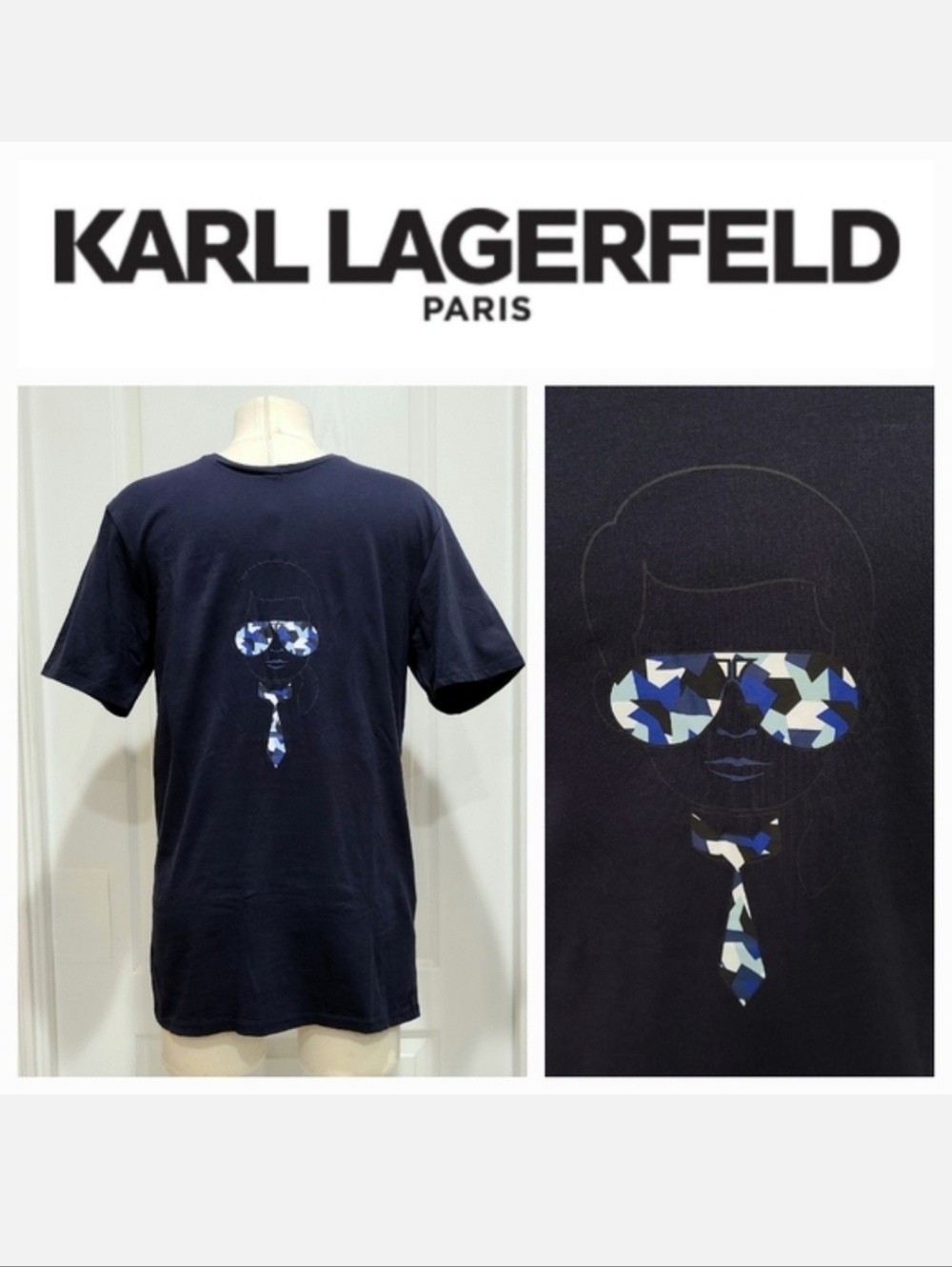 KARL LAGERFELD T-shirt Navy Blue Kool Kamo Karl Graphic Unisex Sz S Classiccore